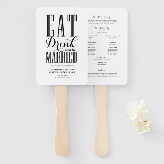 Black Eat Drink and Be Married Wedding Program Handwaaier (Voorkant en achterkant)
