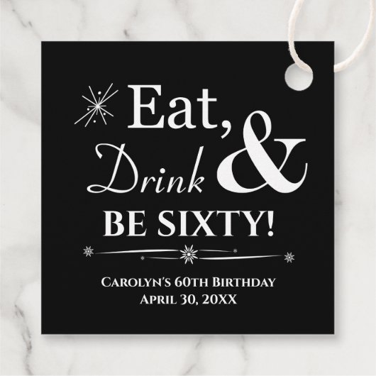 Black Eat Drink & Be Sixty Retro 60e Verjaardag Bedankjes Labels (Achterkant)