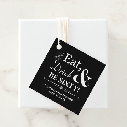 Black Eat Drink & Be Sixty Retro 60e Verjaardag Bedankjes Labels (In situ)