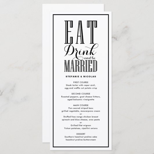 Black Eat, Drink en getrouwd zijn bruiloft Menu (Voorkant / Achterkant)