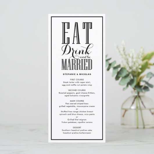 Black Eat, Drink en getrouwd zijn bruiloft Menu (Staand voorkant)