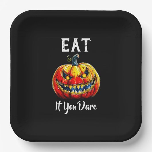 Black Eat if you dare Halloween Smiling Pumpkin Papieren Bordje (Voorkant)