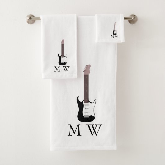 Black Electric Guitar Design Monogrammed Bad Handdoek (Insitu)
