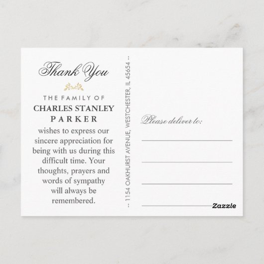 Black Elegance Sympathie Bedankt Foto Briefkaart (Achterkant)