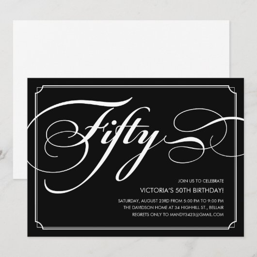Black Elegant 50th Birthday Invitations Kaart (Voorkant / Achterkant)