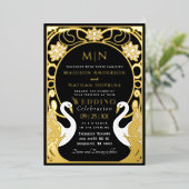 Black Elegant Art Nouveau Swans Wedding Folie Uitnodiging (Staand Voorkant)