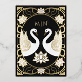 Black Elegant Art Nouveau Swans Wedding Folie Uitnodiging (Achterkant)