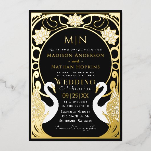 Black Elegant Art Nouveau Swans Wedding Invitation Folie Uitnodiging (Voorkant)