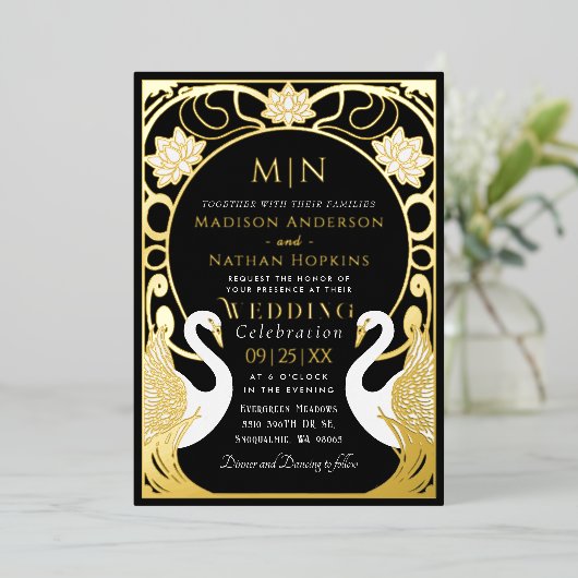 Black Elegant Art Nouveau Swans Wedding Invitation Folie Uitnodiging (Staand Voorkant)
