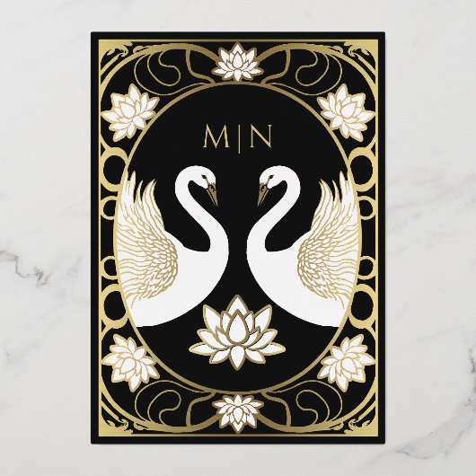 Black Elegant Art Nouveau Swans Wedding Invitation Folie Uitnodiging (Achterkant)