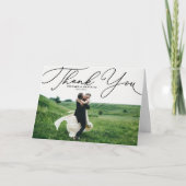 Black Elegant Beatrice Script Photo Wedding Bedankkaart (Voorkant)