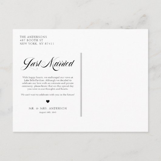 Black Elegant Bold Calligraphy Gewoon getrouwd Aankondigingskaart (Achterkant)