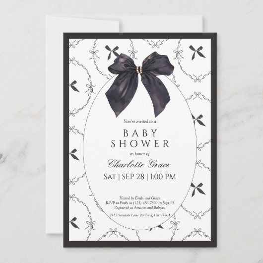 Black Elegant Bow Baby shower Uitnodiging (Voorkant)