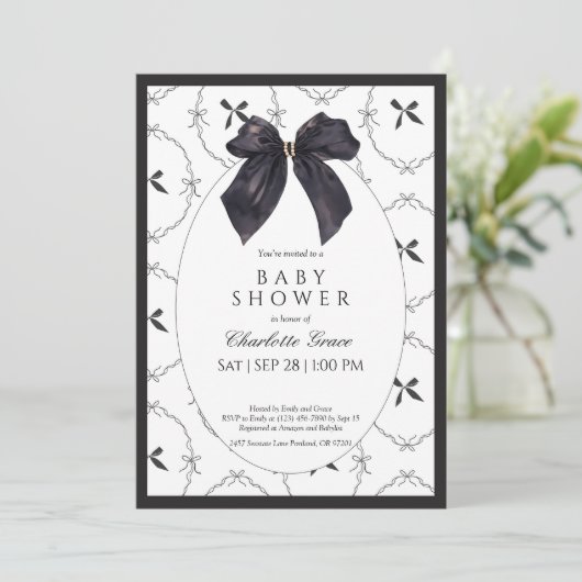 Black Elegant Bow Baby shower Uitnodiging (Staand voorkant)