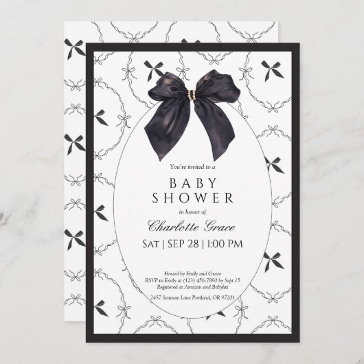 Black Elegant Bow Baby shower Uitnodiging (Voorkant / Achterkant)