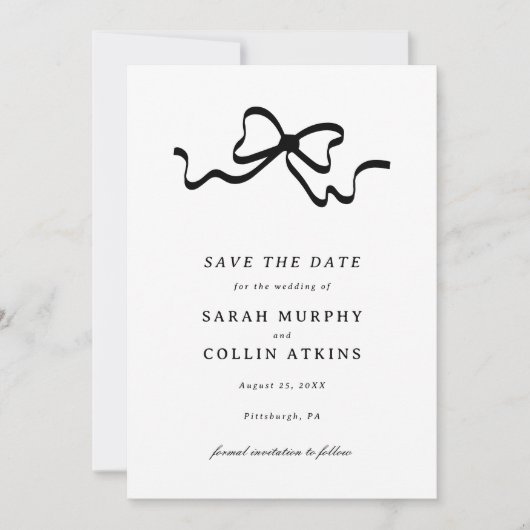 Black Elegant Bow Save the Date Kaart (Voorkant)