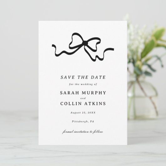 Black Elegant Bow Save the Date Kaart (Staand voorkant)