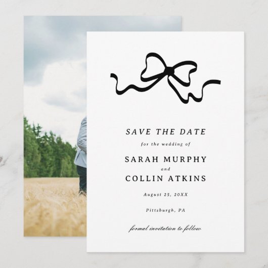 Black Elegant Bow Save the Date Kaart (Voorkant / Achterkant)