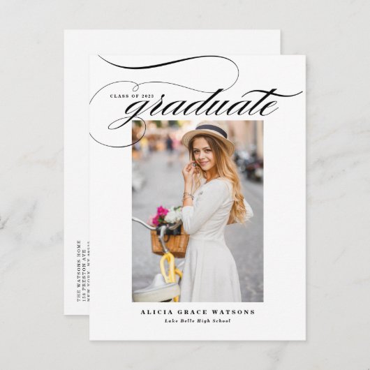 Black Elegant Calligraphy Photo Afstuderen Aankondigingskaart (Voorkant / Achterkant)