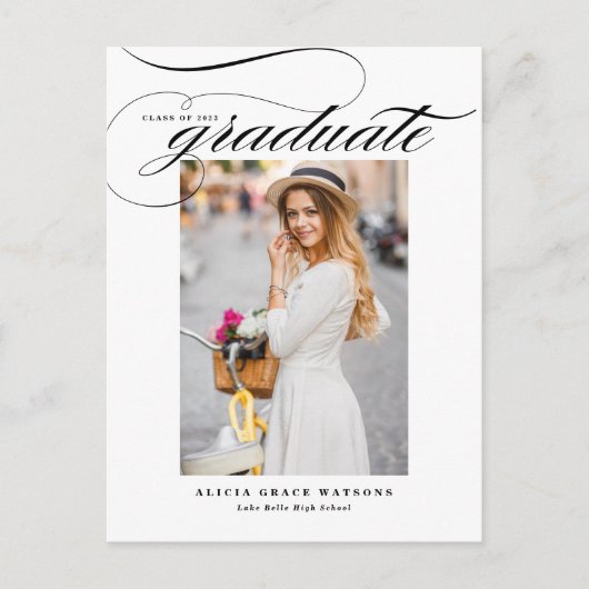 Black Elegant Calligraphy Photo Afstuderen Aankondigingskaart (Voorkant)