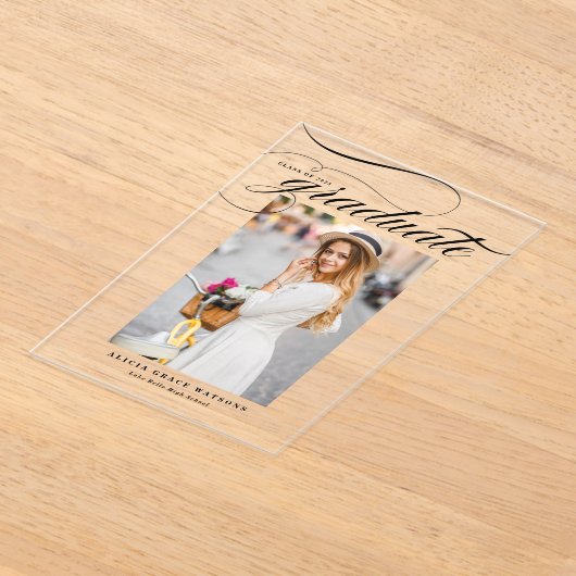 Black Elegant Calligraphy Photo Afstuderen Acryl Uitnodigingen (Laagn)