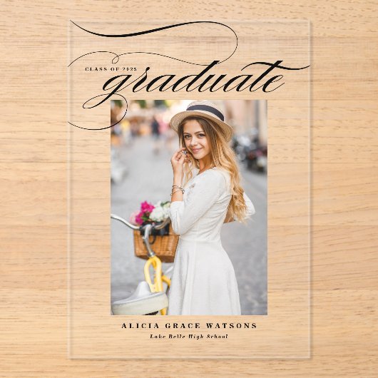 Black Elegant Calligraphy Photo Afstuderen Acryl Uitnodigingen (Voorkant)