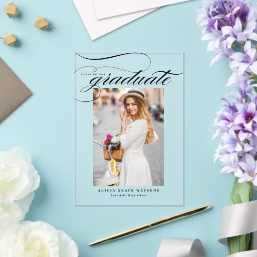 Black Elegant Calligraphy Photo Afstuderen Acryl Uitnodigingen (Insitu (Huwelijk))