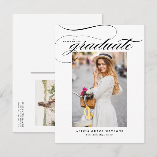 Black Elegant Calligraphy Photo Afstuderen Uitnodiging Briefkaart (Voorkant / Achterkant)