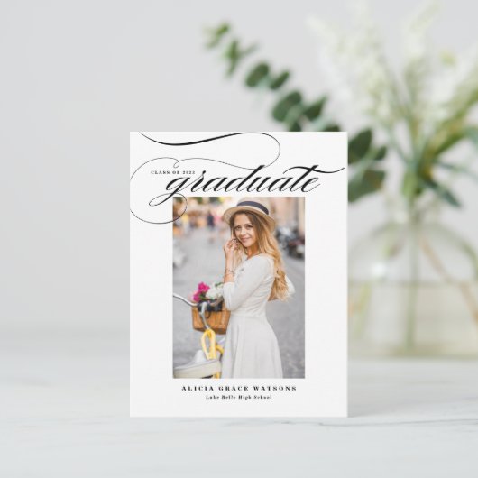 Black Elegant Calligraphy Photo Afstuderen Uitnodiging Briefkaart (Staand voorkant)