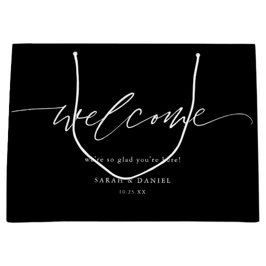 Black Elegant Calligraphy Wedding Welcome Gift Bag Groot Cadeauzakje (Voorkant)