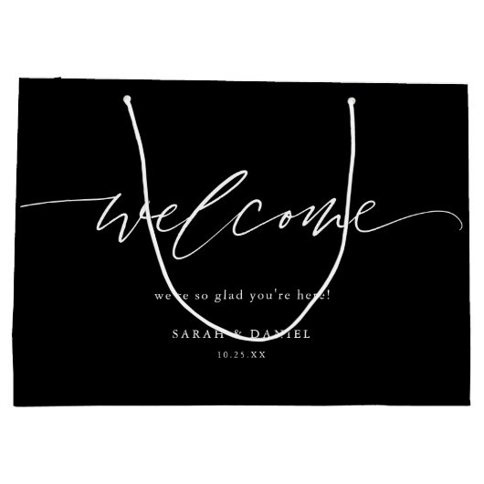 Black Elegant Calligraphy Wedding Welcome Gift Bag Groot Cadeauzakje (Achterkant)