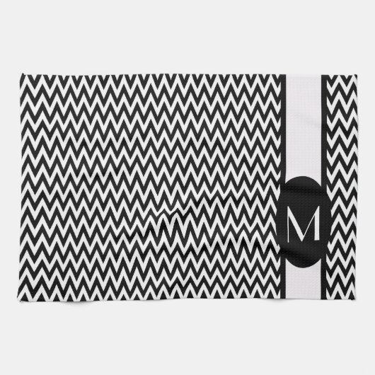 Black Elegant Chevron Design met monogram Theedoek (Horizontaal)