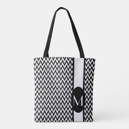 Black Elegant Chevron Design met monogram Tote Bag (Achterkant)