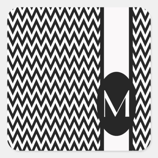 Black Elegant Chevron Design met monogram Vierkante Sticker (Voorkant)