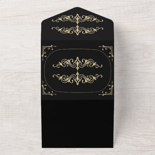 Black Elegant Deco Gold Retro Wedding All In One Uitnodiging (Buitenkant)