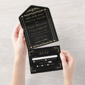 Black Elegant Deco Gold Retro Wedding All In One Uitnodiging (Afscheurbaar)