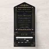 Black Elegant Deco Gold Retro Wedding All In One Uitnodiging (Binnen)