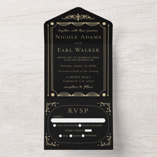 Black Elegant Deco Gold Retro Wedding All In One Uitnodiging (Binnen)