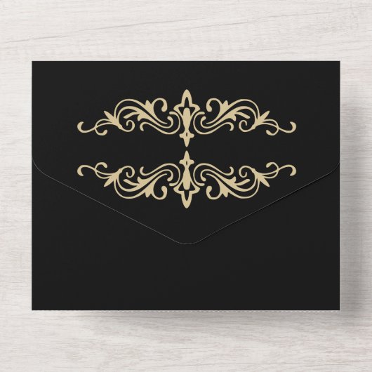 Black Elegant Deco Gold Retro Wedding All In One Uitnodiging (Achterkant)