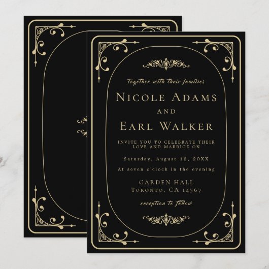 Black Elegant Deco Gold Retro Wedding Kaart (Voorkant / Achterkant)