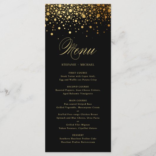 Black Elegant Faux Gold Foil Confetti Wedding Menu (Voorkant)