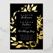 Black Elegant Floral Ppress Gold Wedding Folie Uitnodiging (Voorkant)