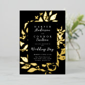 Black Elegant Floral Ppress Gold Wedding Folie Uitnodiging (Staand Voorkant)