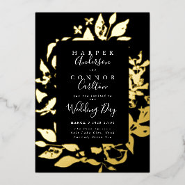 Black Elegant Floral Ppress Gold Wedding Folie Uitnodiging