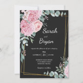 Black Elegant Floral Waterverf Lijst Boho Wedding Kaart (Voorkant)