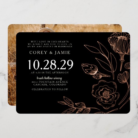 Black Elegant Floral Wedding Folie Uitnodiging (Voorkant / Achterkant)