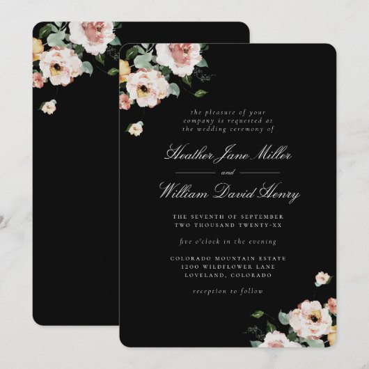 Black Elegant Floral Wedding Kaart (Voorkant / Achterkant)