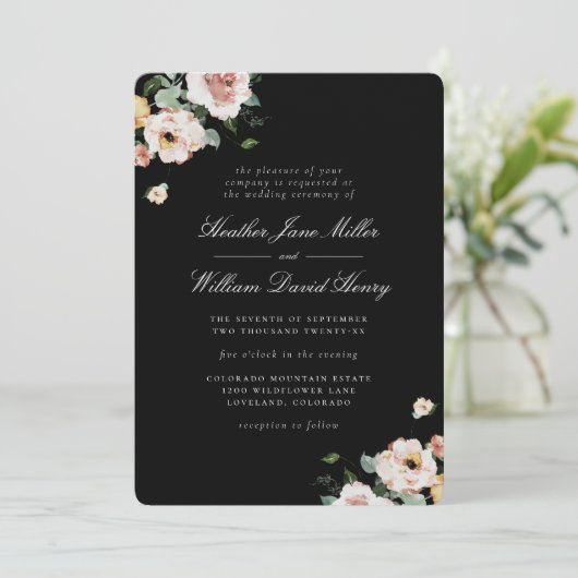 Black Elegant Floral Wedding Kaart (Staand voorkant)