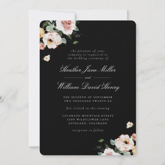 Black Elegant Floral Wedding Kaart (Voorkant)