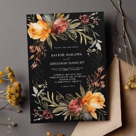Black Elegant Floral Wedding Kaart